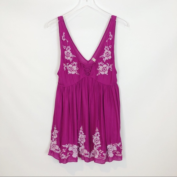 Free People fuchsia embroidered lace up babydoll - Picture 4 of 7